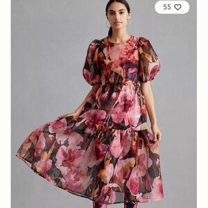 Anthropologie Pink and Black Floral Puff sleeve organza Midi Dress
